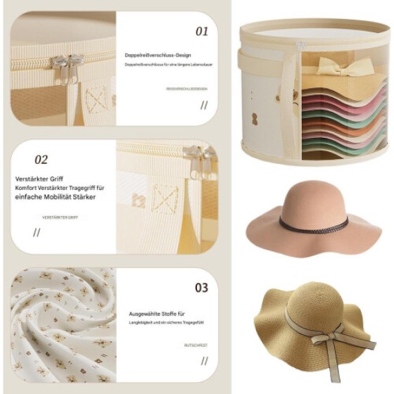 Cabinet-style hat storage box, round, foldable hat box with lid, comes with a handle, suitable for hats of various styles and sizes.